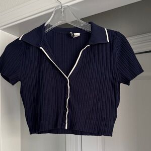 Navy & White Ribbed Old Money Preppy Style Button-Up Crop Top